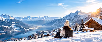Woman in bobble hat sitting on a snowy hillside overlooking a mountain lake and Alpine valley in winter sunshine