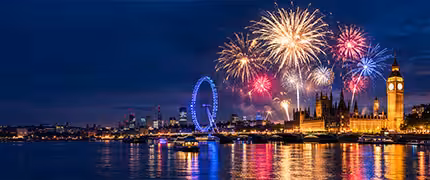 New Year fireworks over the London Eye and Big Ben reflected on the River Thames at midnight